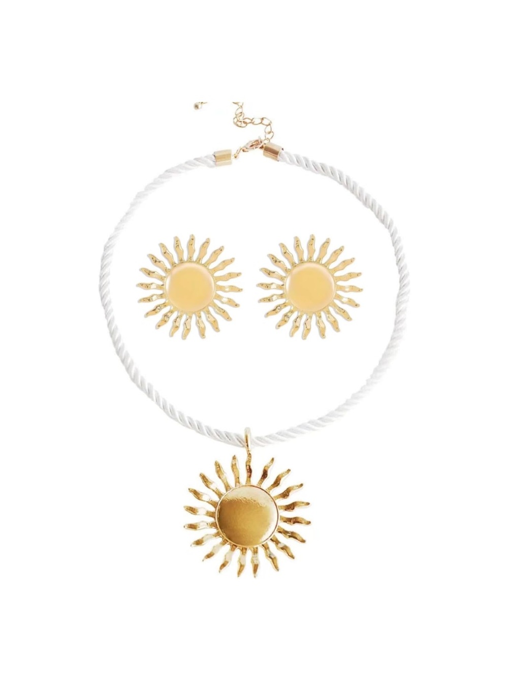 Gold Sunburst Pendant Necklace and Earring Set - White Cord